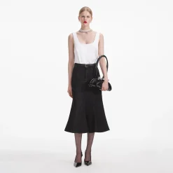 self-portrait Flared Denim Midi Skirt
