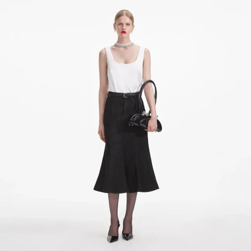 self-portrait Flared Denim Midi Skirt