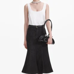 self-portrait Flared Denim Midi Skirt