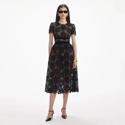 self-portrait Lace Velvet Bow Midi Dress