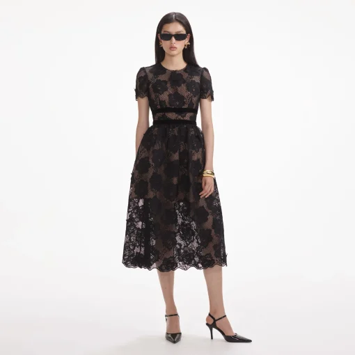 self-portrait Lace Velvet Bow Midi Dress