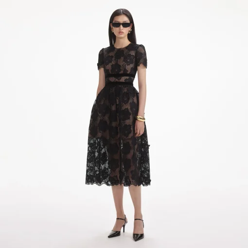 self-portrait Lace Velvet Bow Midi Dress