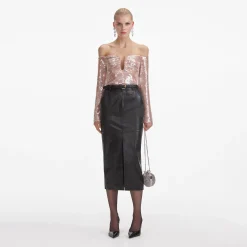 self-portrait Leather Midi Skirt