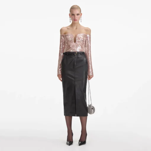 self-portrait Leather Midi Skirt
