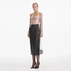 self-portrait Leather Midi Skirt