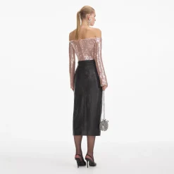 self-portrait Leather Midi Skirt