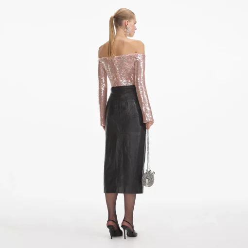 self-portrait Leather Midi Skirt
