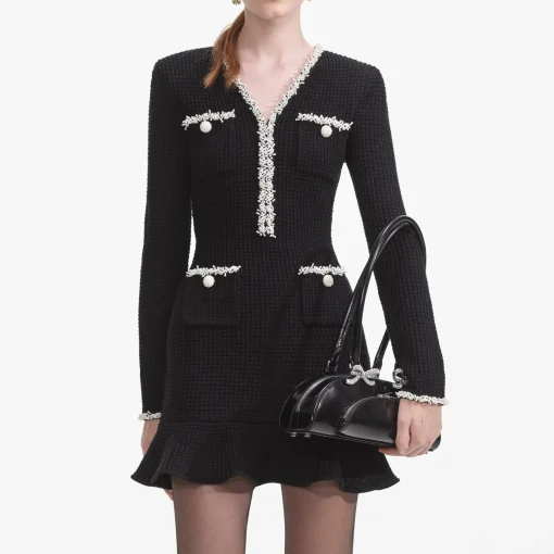 self-portrait Pearl Trim Knit Mini Dress