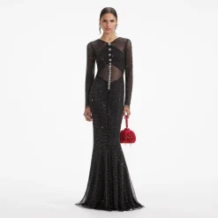 self-portrait Rhinestone Fishnet Crossover Maxi Dress