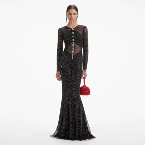 self-portrait Rhinestone Fishnet Crossover Maxi Dress