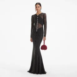 self-portrait Rhinestone Fishnet Crossover Maxi Dress