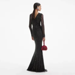 self-portrait Rhinestone Fishnet Crossover Maxi Dress