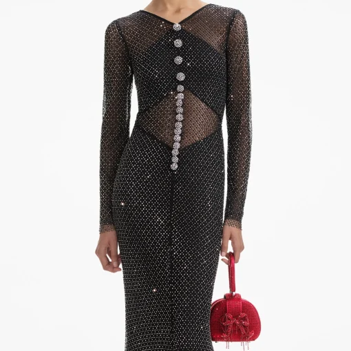 self-portrait Rhinestone Fishnet Crossover Maxi Dress