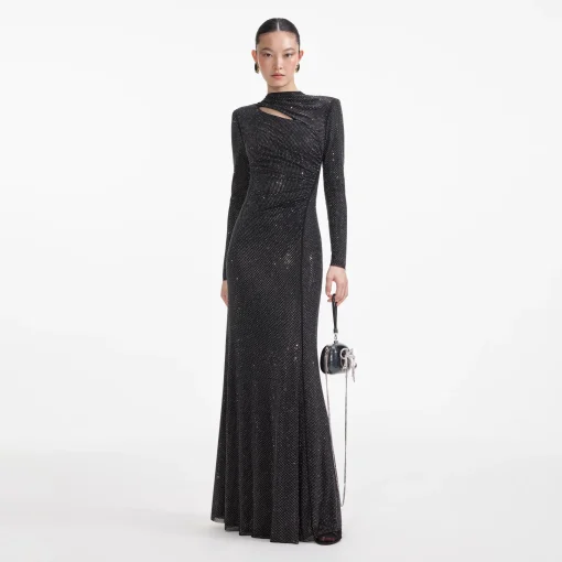 self-portrait Rhinestone Mesh Cut Out Maxi Dress