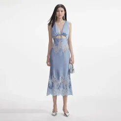 self-portrait Satin Lace Insert Midi Dress