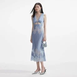 self-portrait Satin Lace Insert Midi Dress