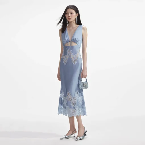 self-portrait Satin Lace Insert Midi Dress