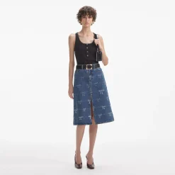 self-portrait Print Denim Midi Skirt
