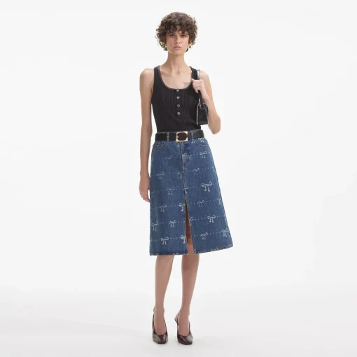 self-portrait Print Denim Midi Skirt