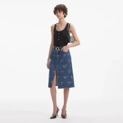 self-portrait Print Denim Midi Skirt