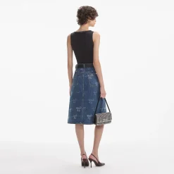 self-portrait Print Denim Midi Skirt