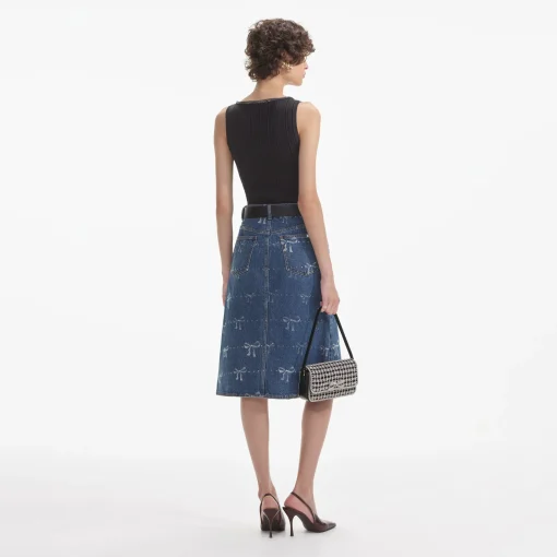 self-portrait Print Denim Midi Skirt