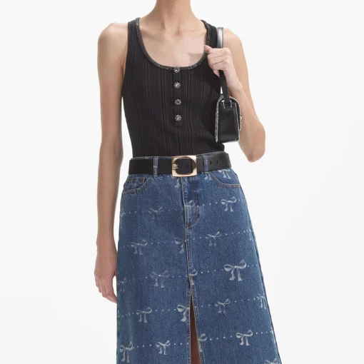 self-portrait Print Denim Midi Skirt