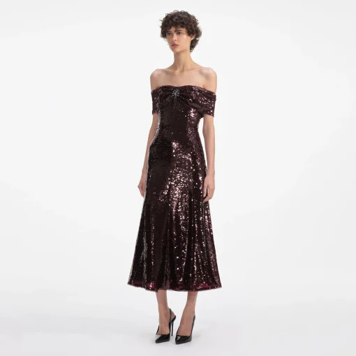 self-portrait Sequin Off Shoulder Midi Dress
