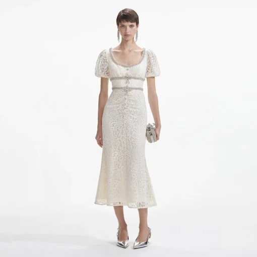 self-portrait Lace Diamante Trim Midi Dress