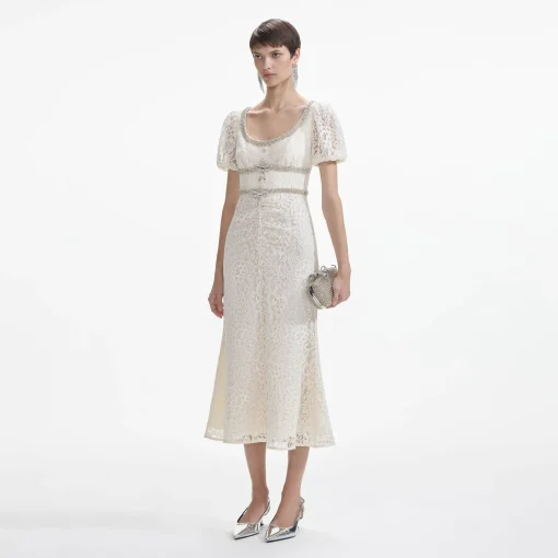 self-portrait Lace Diamante Trim Midi Dress
