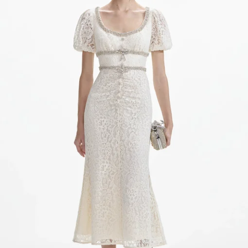 self-portrait Lace Diamante Trim Midi Dress