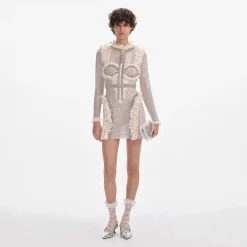 self-portrait Rhinestone Mesh Ruffle Mini Dress