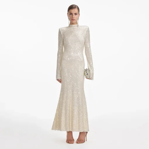 self-portrait Square Rhinestone Fishnet Midi Dress