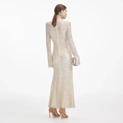 self-portrait Square Rhinestone Fishnet Midi Dress