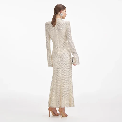 self-portrait Square Rhinestone Fishnet Midi Dress