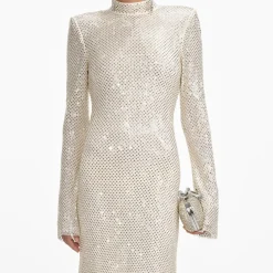 self-portrait Square Rhinestone Fishnet Midi Dress