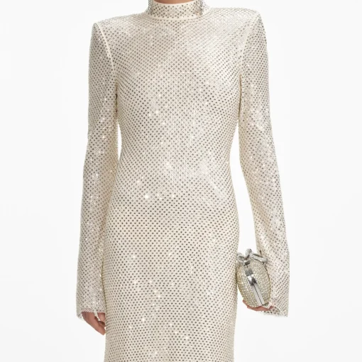 self-portrait Square Rhinestone Fishnet Midi Dress