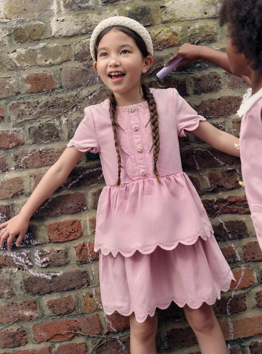 Kids self-portrait Denim Mini Dress With Scallop Hem