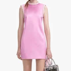 self-portrait Pearl Trim Satin Mini Dress