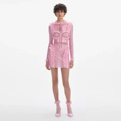 self-portrait Rhinestone Mesh Ruffle Mini Dress