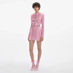 self-portrait Rhinestone Mesh Ruffle Mini Dress