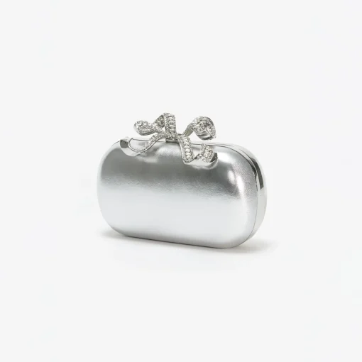 self-portrait Metallic Leather Bow Clutch