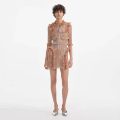 self-portrait Rhinestone Mesh Ruffle Mini Dress