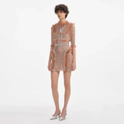 self-portrait Rhinestone Mesh Ruffle Mini Dress