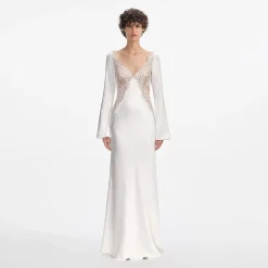 self-portrait Lace Satin Long Sleeve Maxi Dress