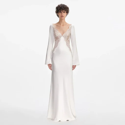 self-portrait Lace Satin Long Sleeve Maxi Dress