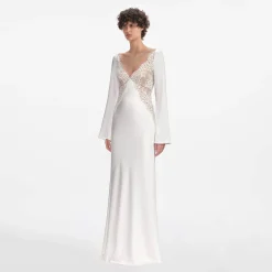 self-portrait Lace Satin Long Sleeve Maxi Dress