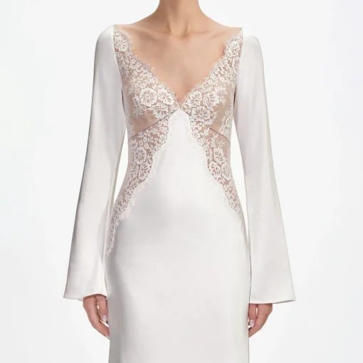 self-portrait Lace Satin Long Sleeve Maxi Dress